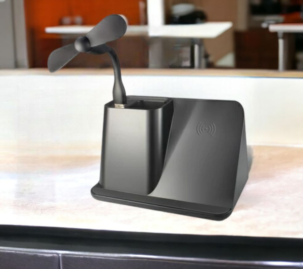 Настольный органайзер Mercury c беспроводной зарядкой и вентилятором / Многофункциональная подставка для письменных приборов